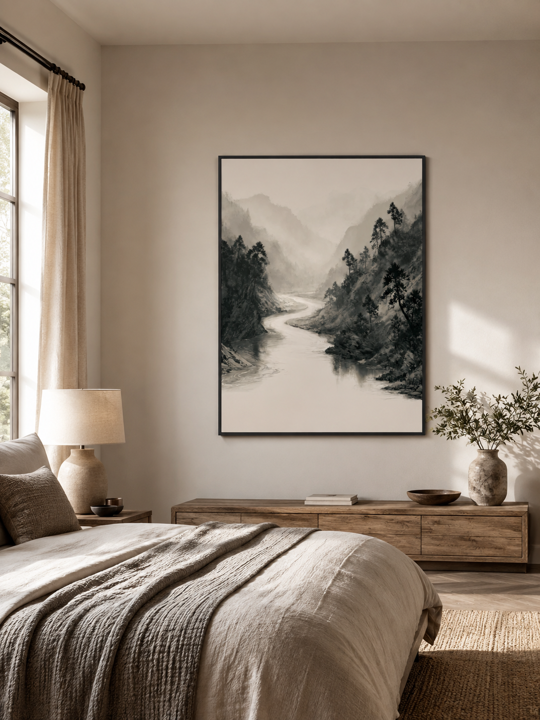 Misty Mountain River Wall Art - Wall Art Decor - lifestyle shot - misty mountain art print, neutral landscape poster