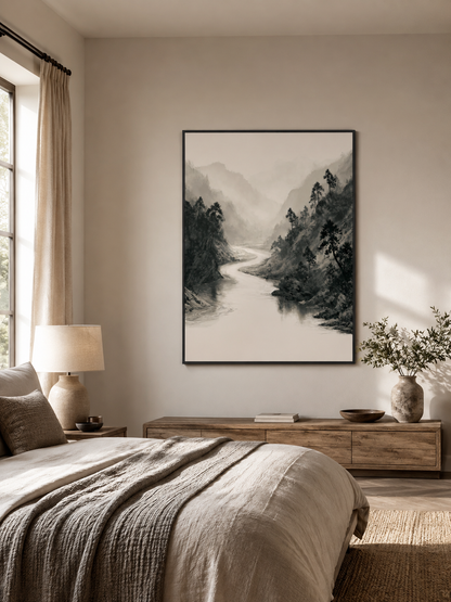 Misty Mountain River Wall Art - Wall Art Decor - lifestyle shot - misty mountain art print, neutral landscape poster