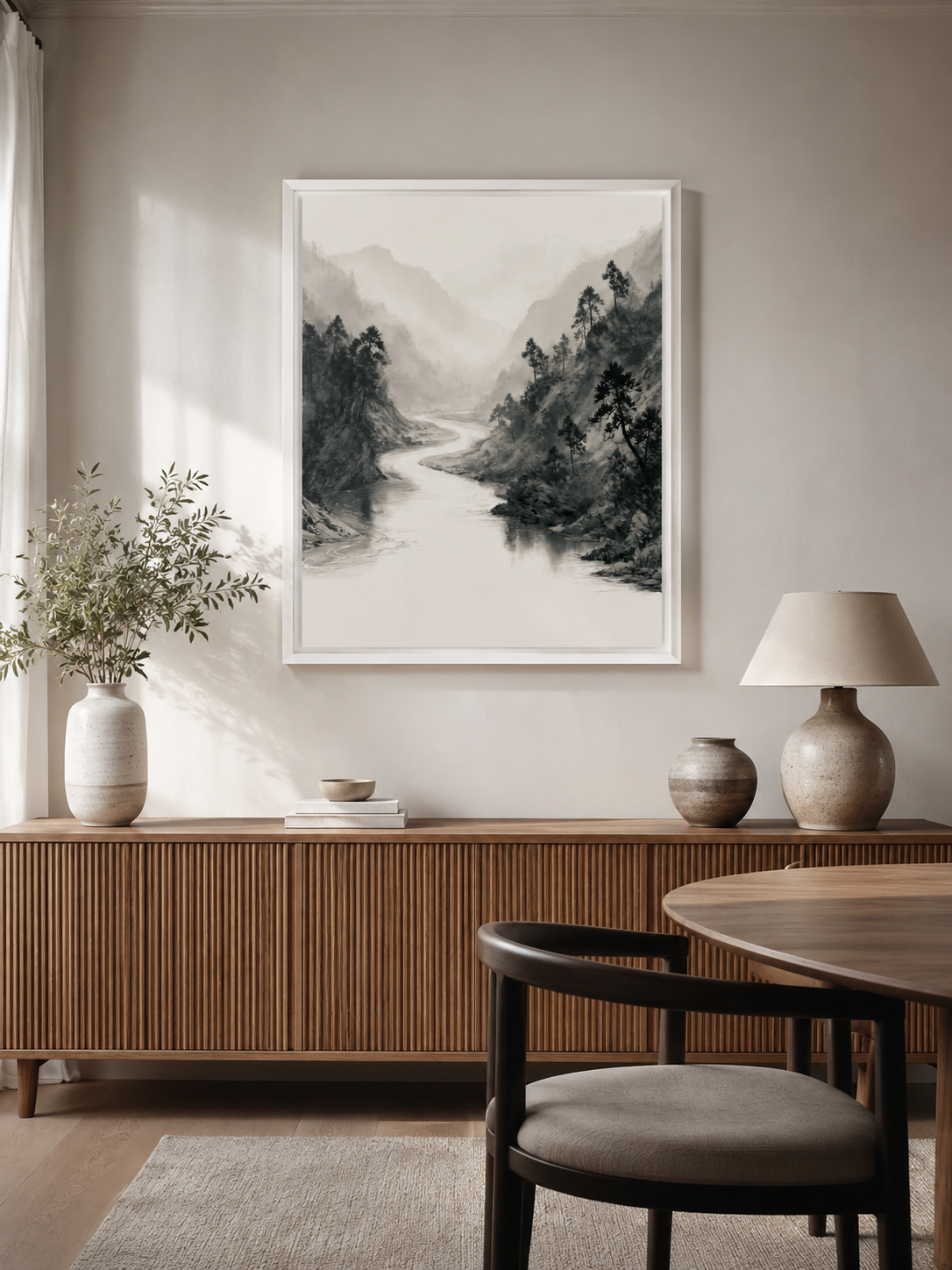 Misty Mountain River Wall Art - Wall Art Decor - close-up - misty mountain art print, neutral landscape poster