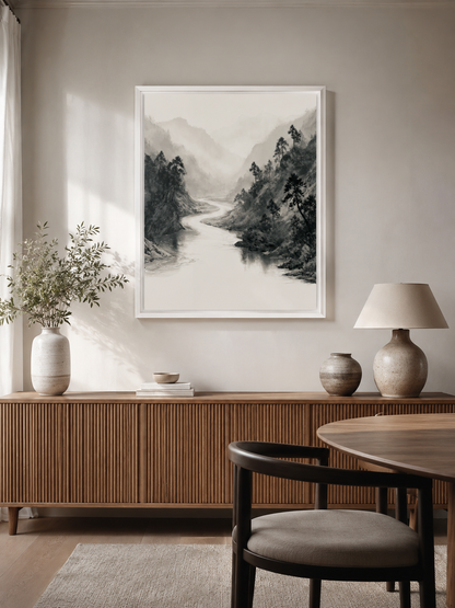 Misty Mountain River Wall Art - Wall Art Decor - close-up - misty mountain art print, neutral landscape poster