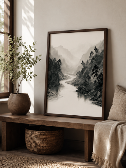 Misty Mountain River Wall Art - Wall Art Decor - alternate angle - misty mountain art print, neutral landscape poster