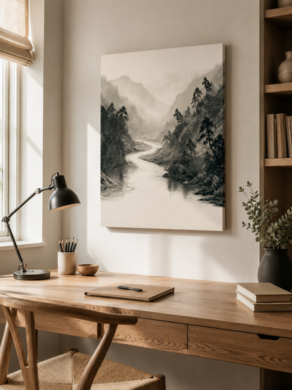 Misty Mountain River Wall Art - Wall Art Decor - packaging - misty mountain art print, neutral landscape poster