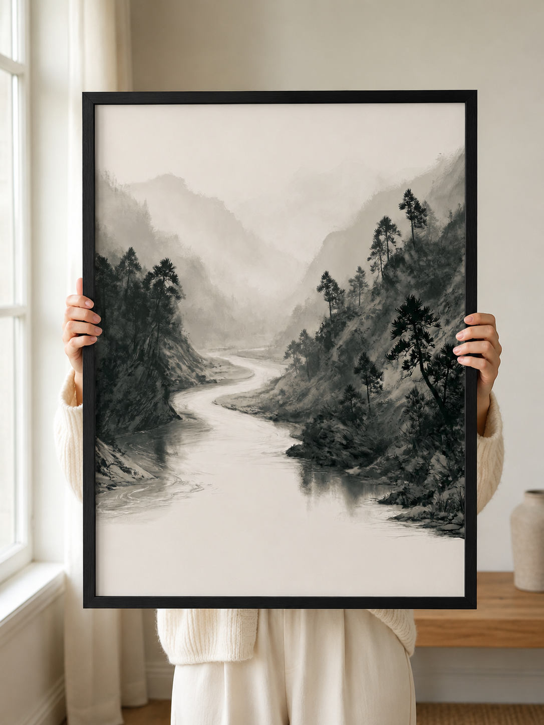 Misty Mountain River Wall Art - Wall Art Decor - front view - misty mountain art print, neutral landscape poster