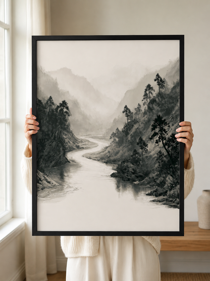 Misty Mountain River Wall Art - Wall Art Decor - front view - misty mountain art print, neutral landscape poster