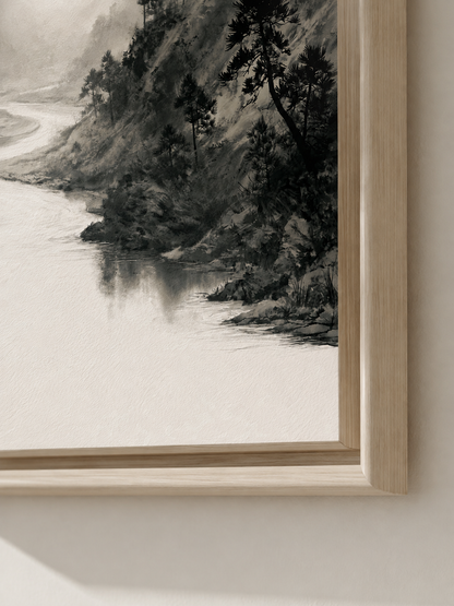 Misty Mountain River Wall Art - Wall Art Decor - detail view - misty mountain art print, neutral landscape poster