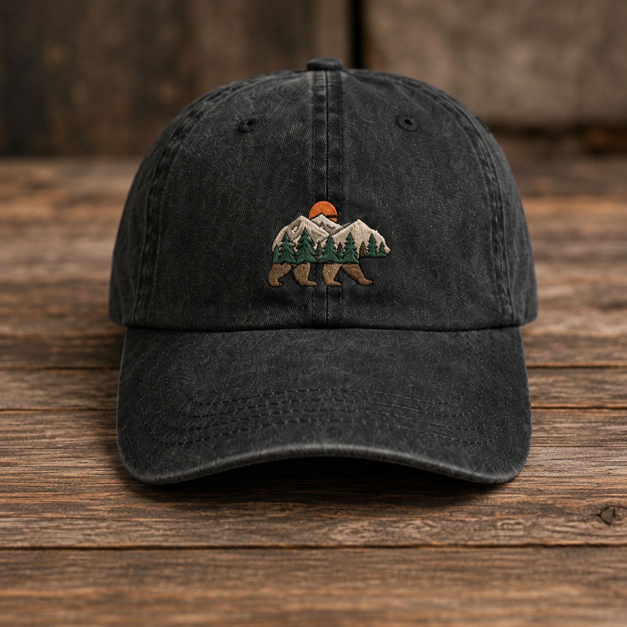 Mountain Bear Washed Cap, Embroidered Nature Hat for Hikers