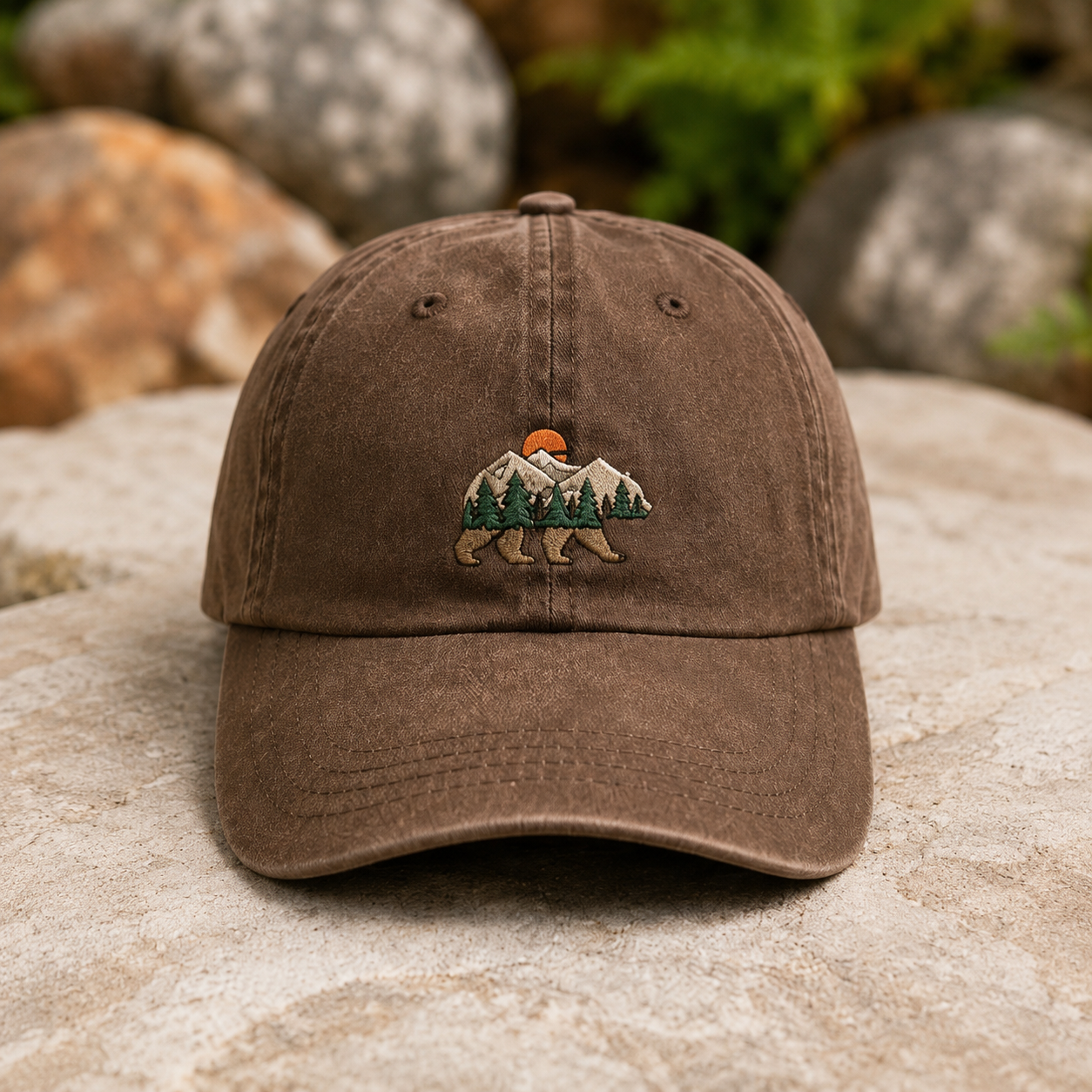 Mountain Bear Washed Cap, Embroidered Nature Hat for Hikers