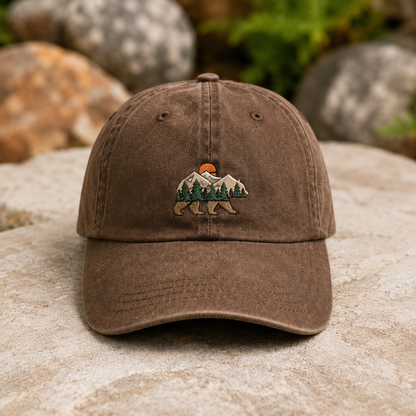 Mountain Bear Washed Cap, Embroidered Nature Hat for Hikers
