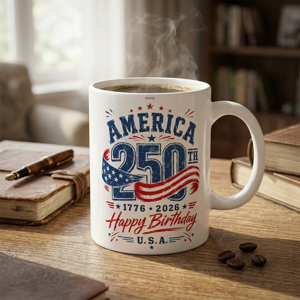 America 250th Coffee Mug, 1776-2026 Happy Birthday U.S.A. Patriotic Cup