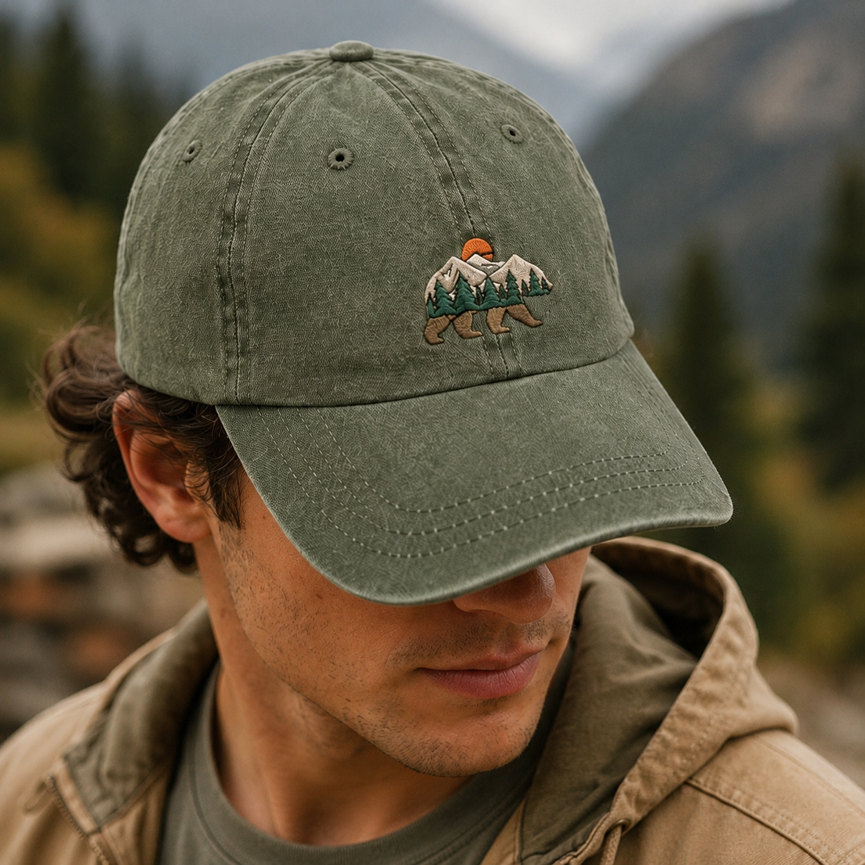 Mountain Bear Washed Cap, Embroidered Nature Hat for Hikers