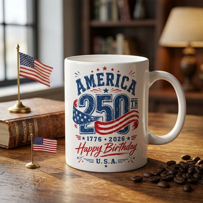 America 250th Coffee Mug, 1776-2026 Happy Birthday U.S.A. Patriotic Cup