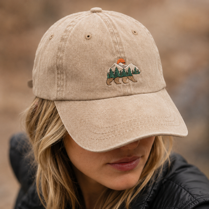 Mountain Bear Washed Cap, Embroidered Nature Hat for Hikers