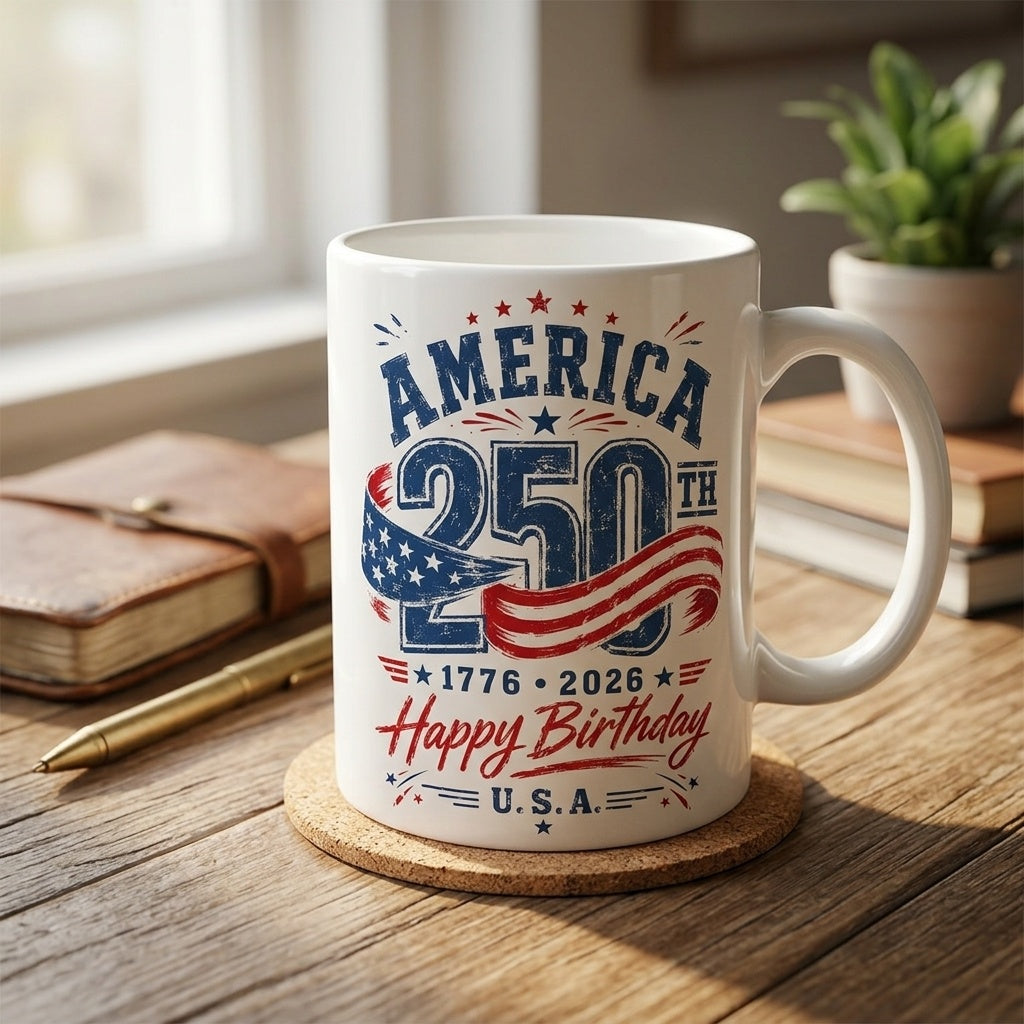 America 250th Coffee Mug, 1776-2026 Happy Birthday U.S.A. Patriotic Cup