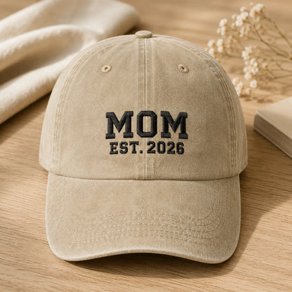 Mom Est. 2026 New Embroidered Washed Cap - washed cap - front view