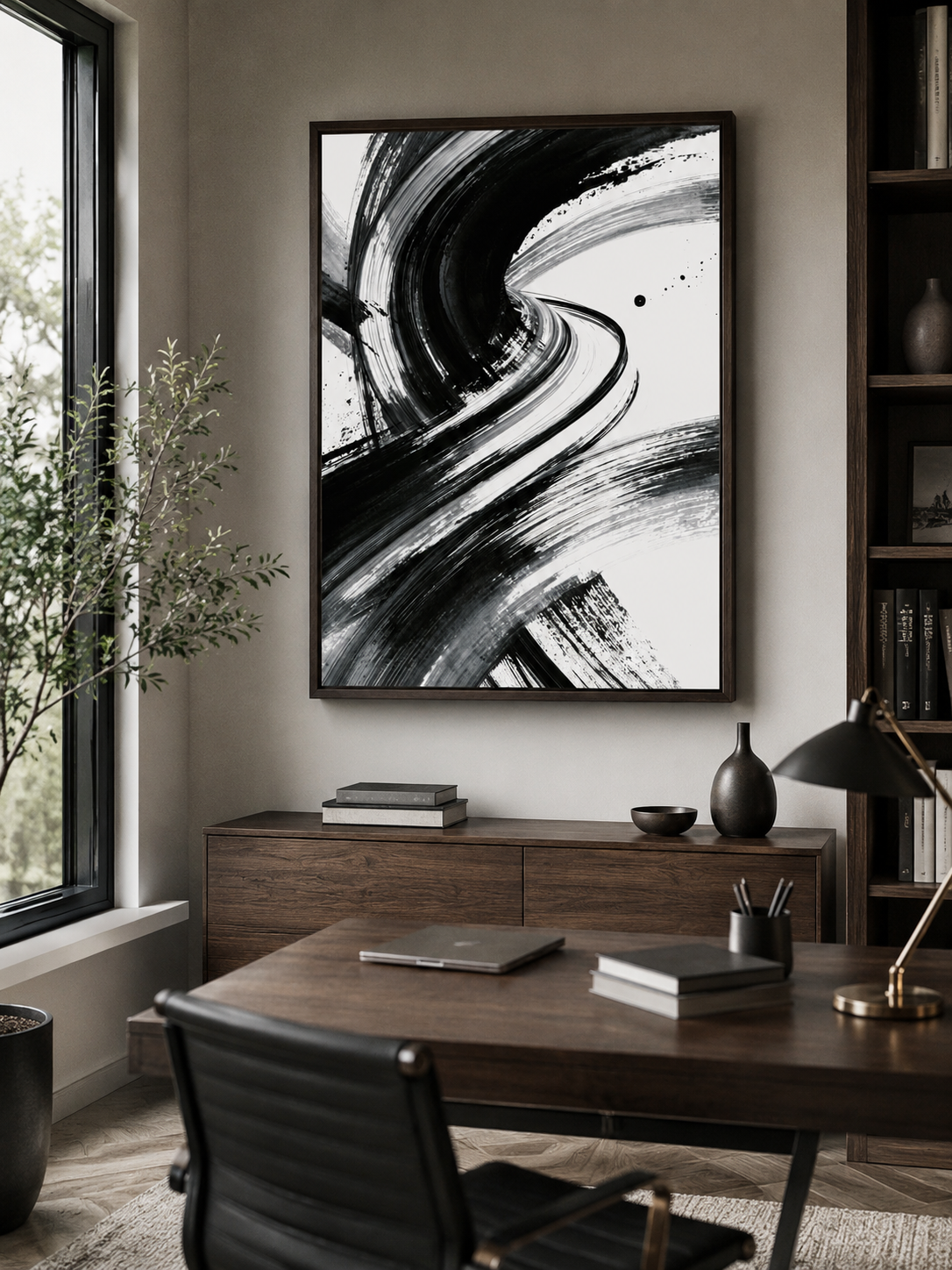 Monochrome Brushstroke Wall Art - Wall Art Decor - alternate angle - monochrome brushstroke wall art, black white art print