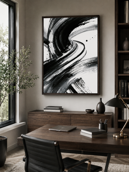 Monochrome Brushstroke Wall Art - Wall Art Decor - alternate angle - monochrome brushstroke wall art, black white art print