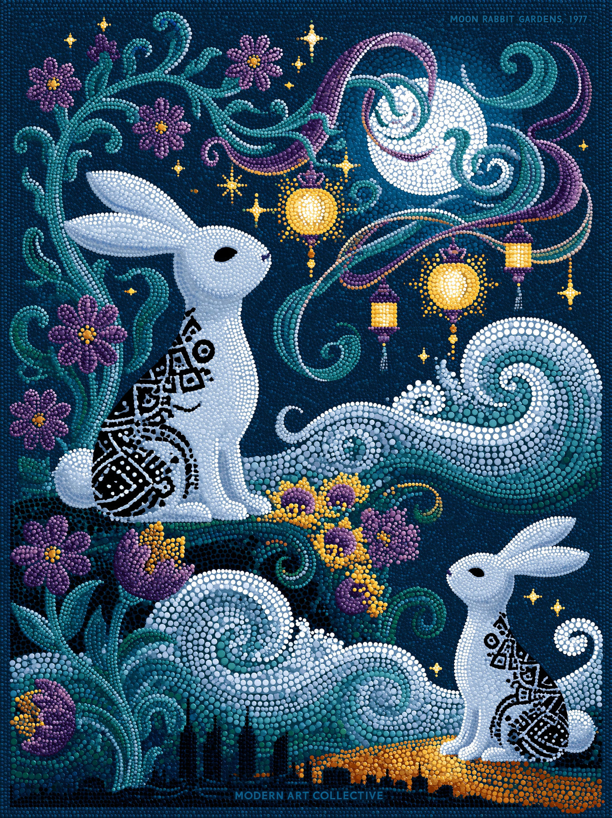 Moon Rabbit Wall Art - Wall Art Decor - front view - moon rabbit wall art, celestial rabbit poster
