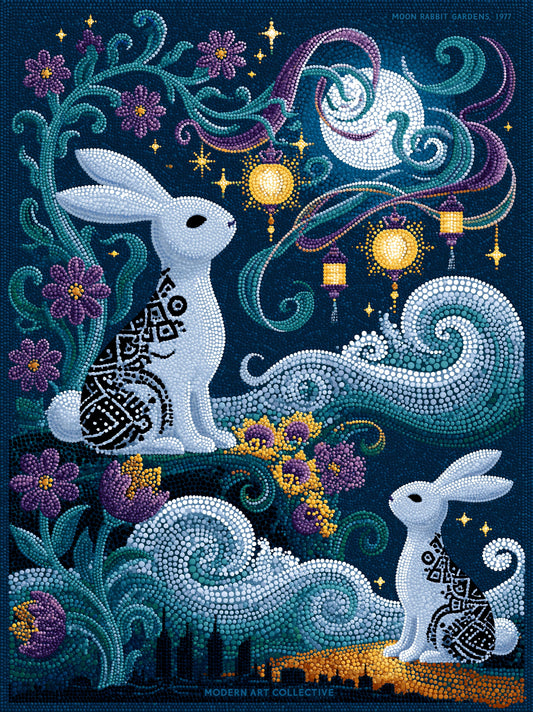 Moon Rabbit Wall Art - Wall Art Decor - front view - moon rabbit wall art, celestial rabbit poster