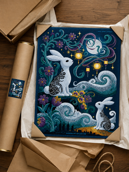 Moon Rabbit Wall Art - Wall Art Decor - alternate angle - moon rabbit wall art, celestial rabbit poster