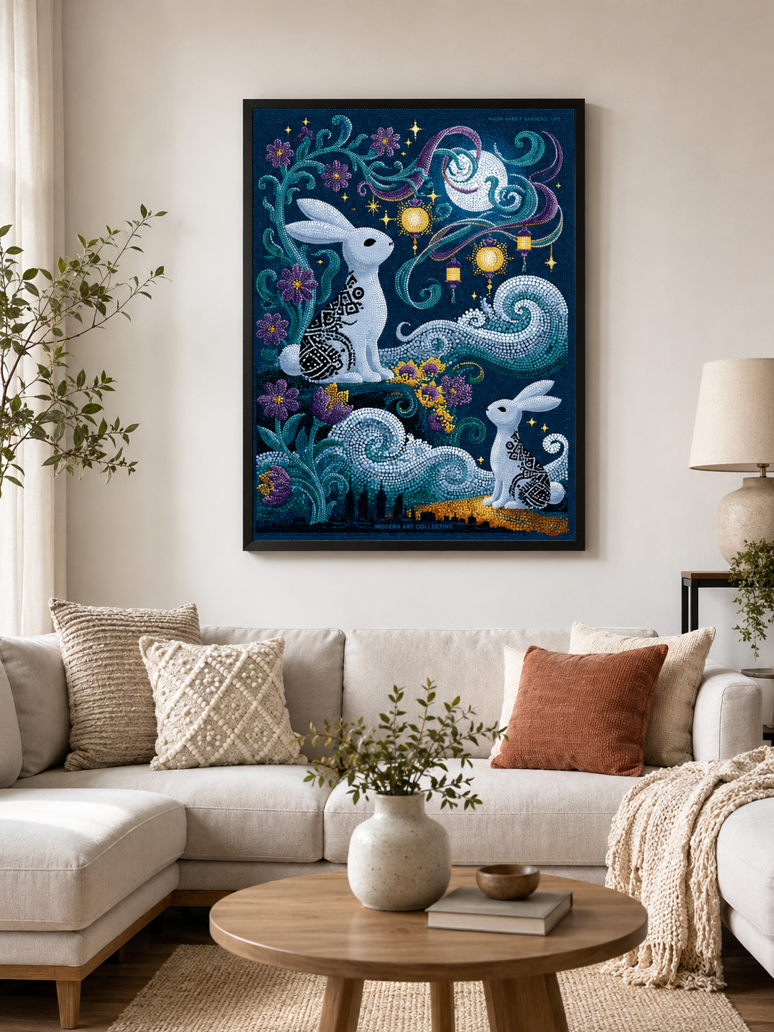 Moon Rabbit Wall Art - Wall Art Decor - detail view - moon rabbit wall art, celestial rabbit poster