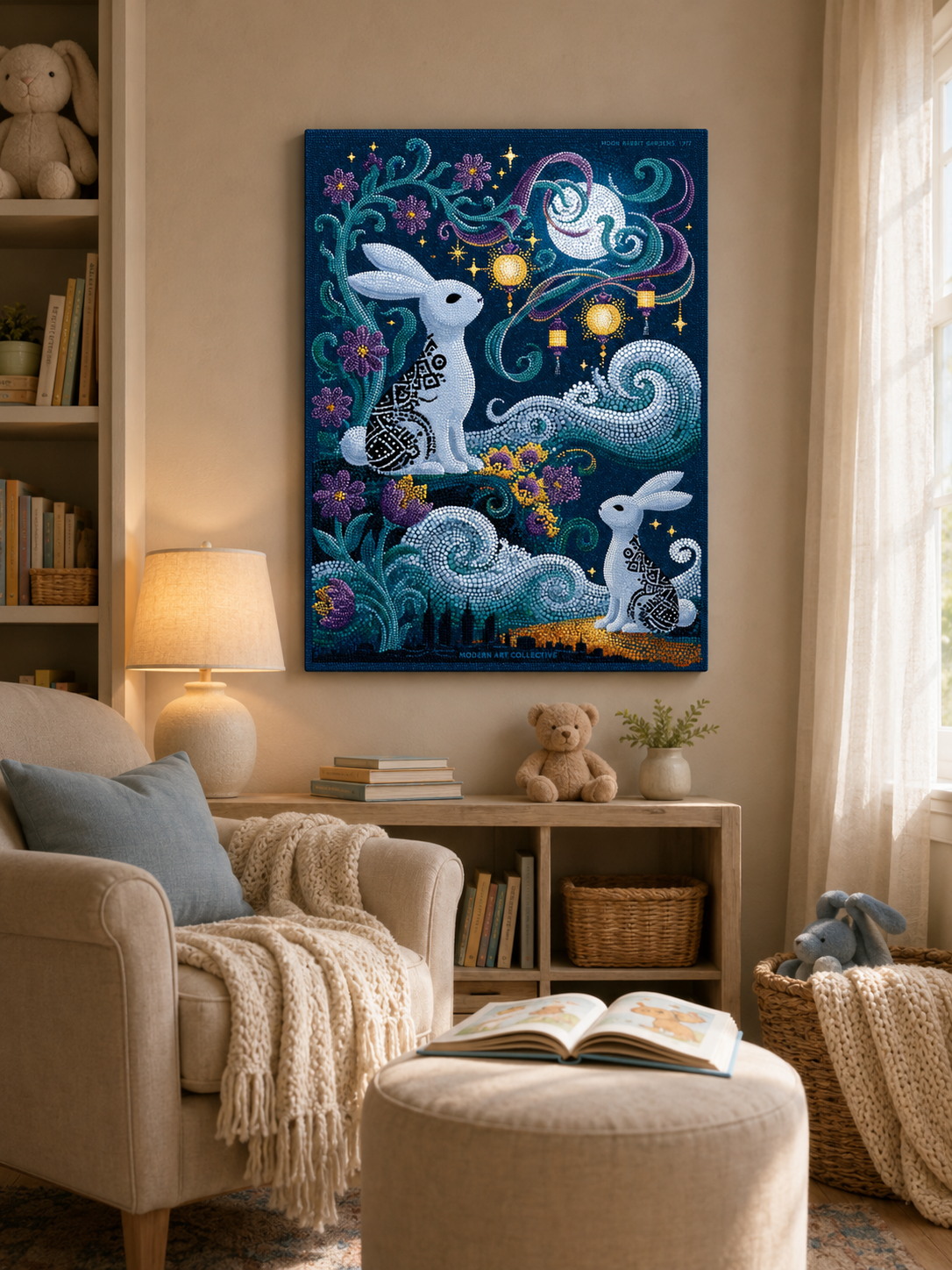 Moon Rabbit Wall Art - Wall Art Decor - front view - moon rabbit wall art, celestial rabbit poster