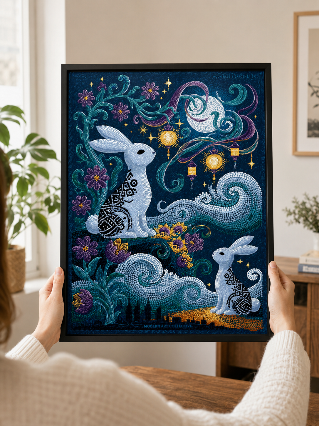 Moon Rabbit Wall Art - Wall Art Decor - detail view - moon rabbit wall art, celestial rabbit poster