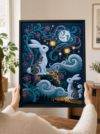 Moon Rabbit Wall Art - Wall Art Decor - detail view - moon rabbit wall art, celestial rabbit poster