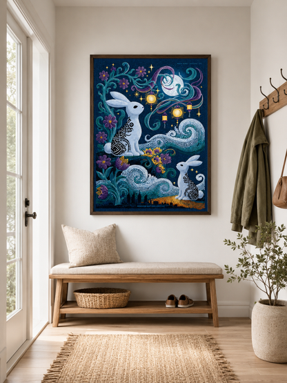 Moon Rabbit Wall Art - Wall Art Decor - lifestyle shot - moon rabbit wall art, celestial rabbit poster