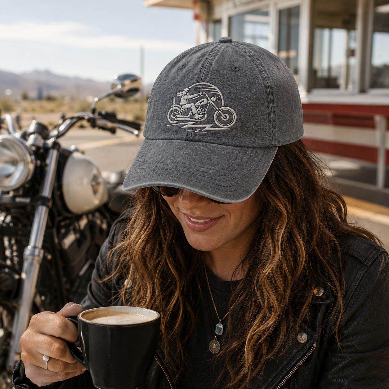 Motorcycle Rider Embroidered Washed Cap - Washed Cap - alternate angle