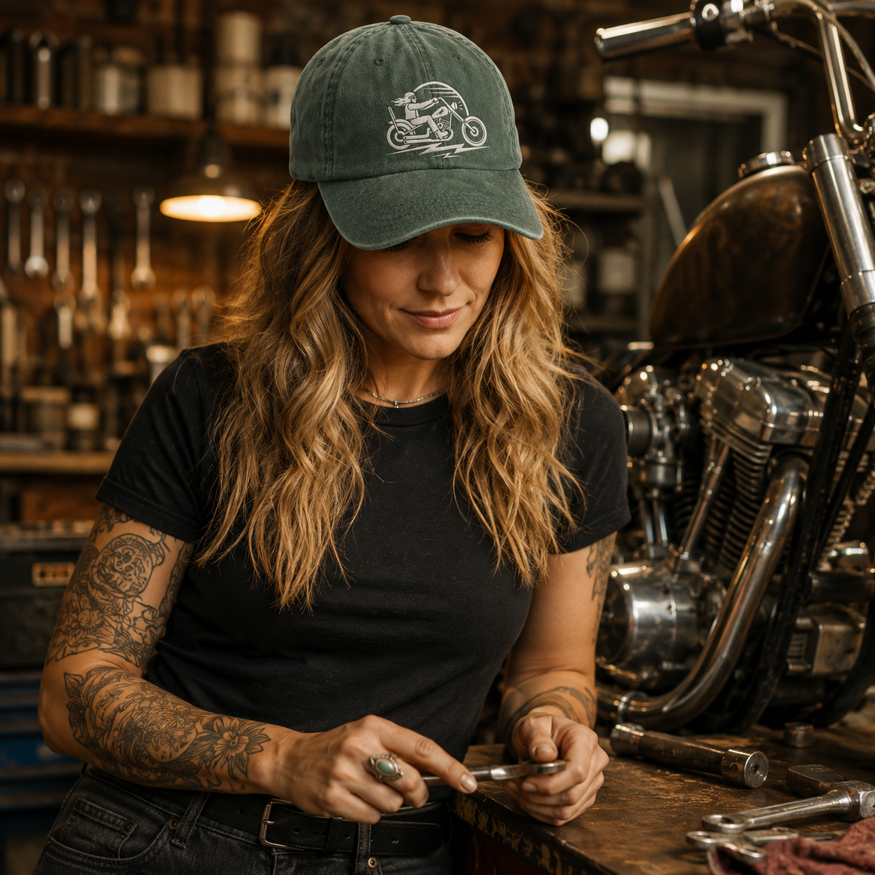 Motorcycle Rider Embroidered Washed Cap - Washed Cap - detail