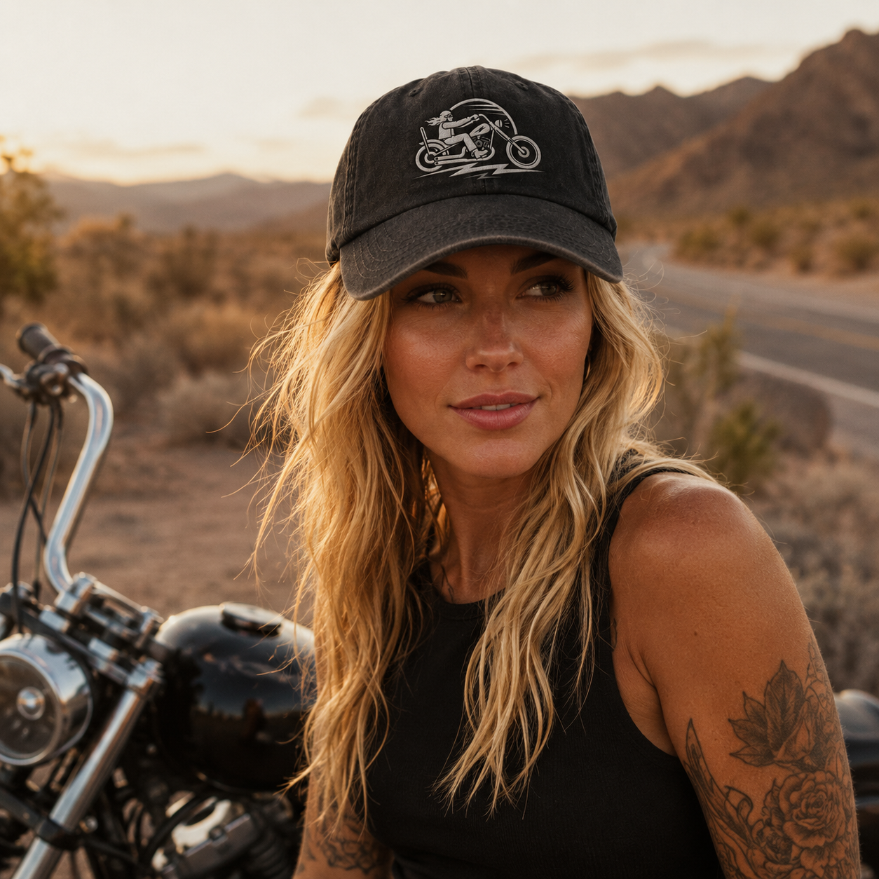 Motorcycle Rider Embroidered Washed Cap - Washed Cap - side view