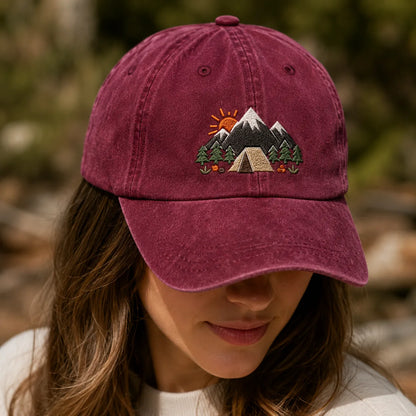 Mountain Camping Embroidered Washed Cap - washed cap - detail