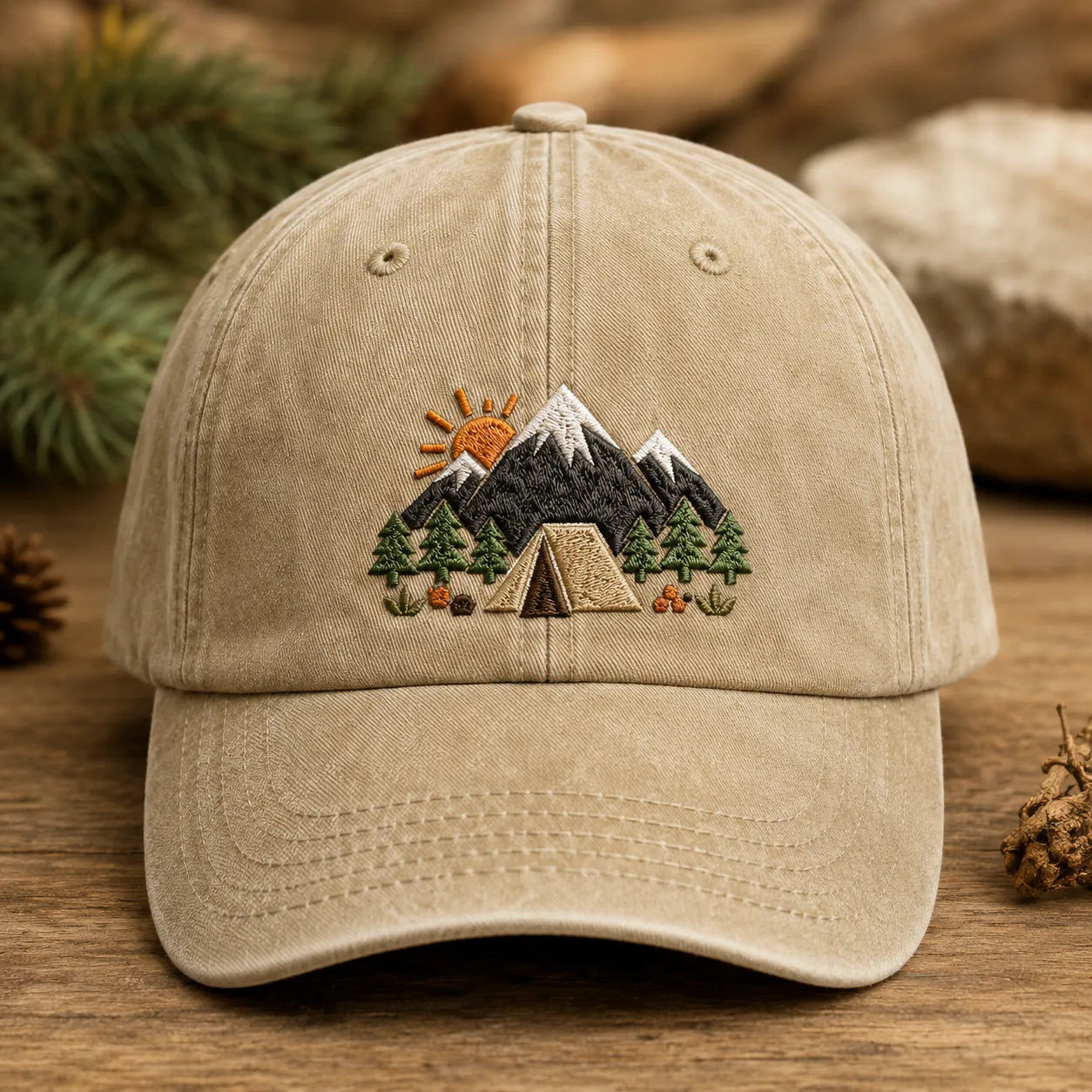 Mountain Camping Embroidered Washed Cap - washed cap - front view
