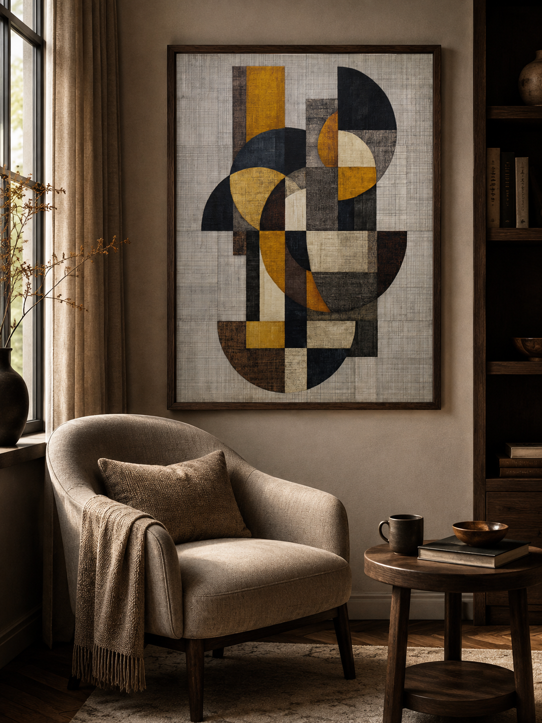 Affiche Abstraite Ocre et Noire - Wall Art Decor - close-up - mustard geometric wall art, mustard abstract art print