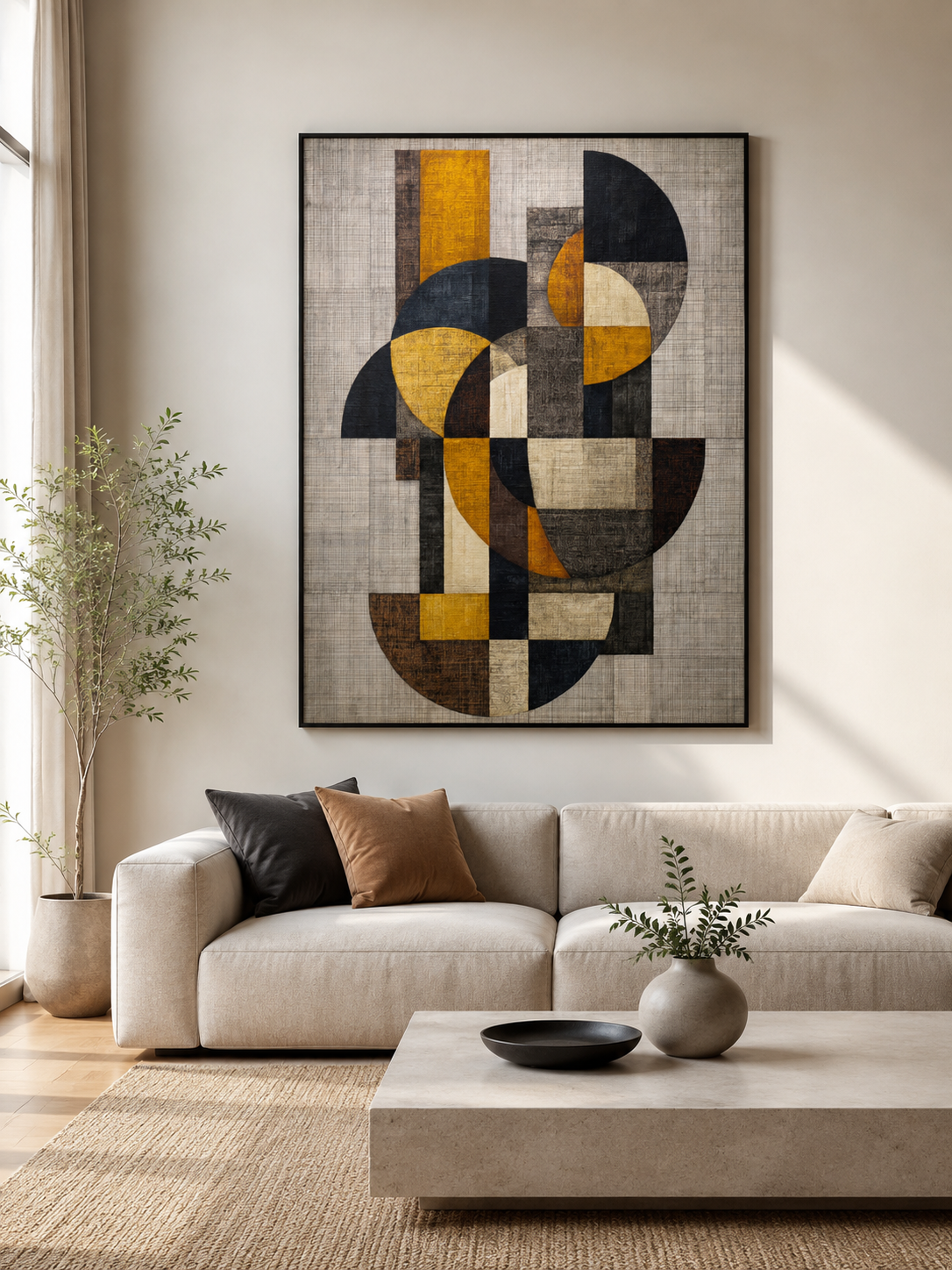 Affiche Abstraite Ocre et Noire - Wall Art Decor - detail view - mustard geometric wall art, mustard abstract art print