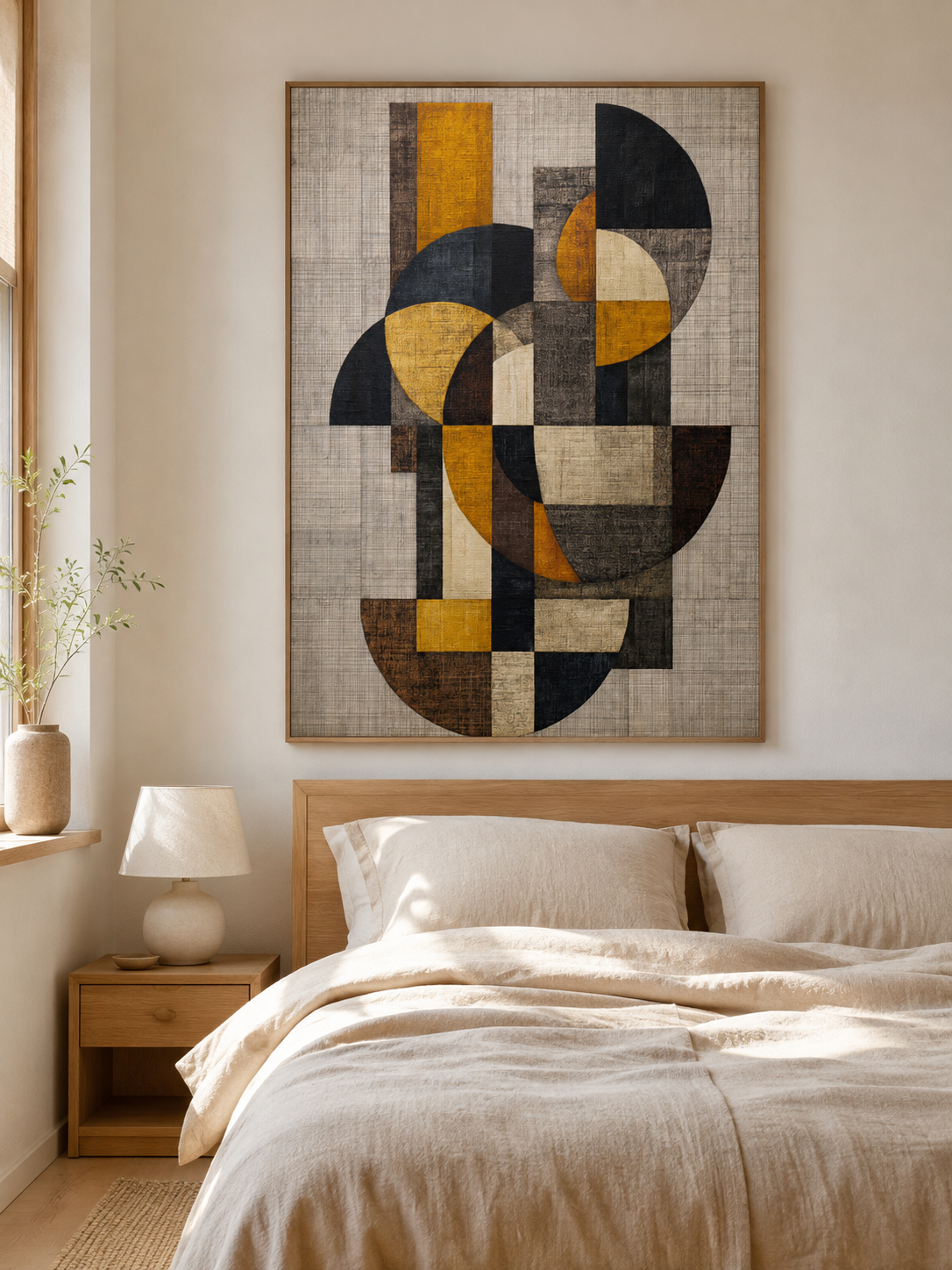 Affiche Abstraite Ocre et Noire - Wall Art Decor - lifestyle shot - mustard geometric wall art, mustard abstract art print