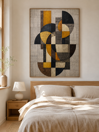 Affiche Abstraite Ocre et Noire - Wall Art Decor - lifestyle shot - mustard geometric wall art, mustard abstract art print