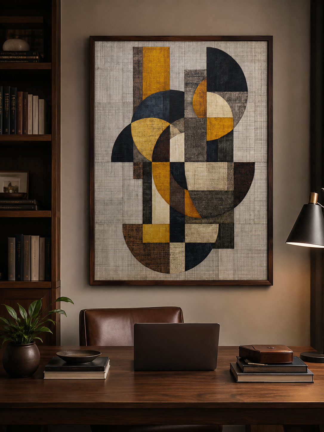 Affiche Abstraite Ocre et Noire - Wall Art Decor - close-up - mustard geometric wall art, mustard abstract art print