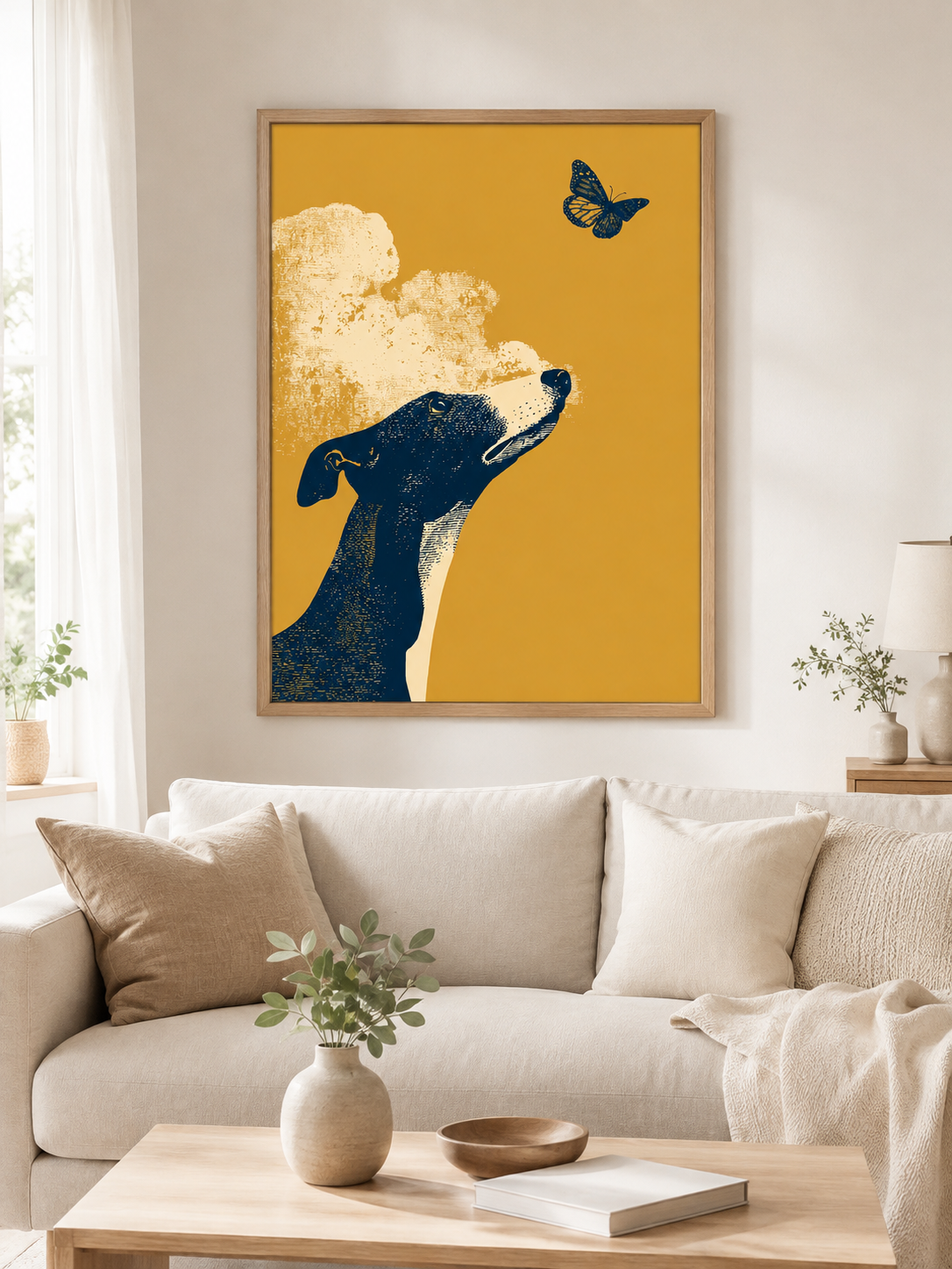 Mustard Greyhound Wall Art - Wall Art Decor - lifestyle shot - mustard greyhound wall art, greyhound art print