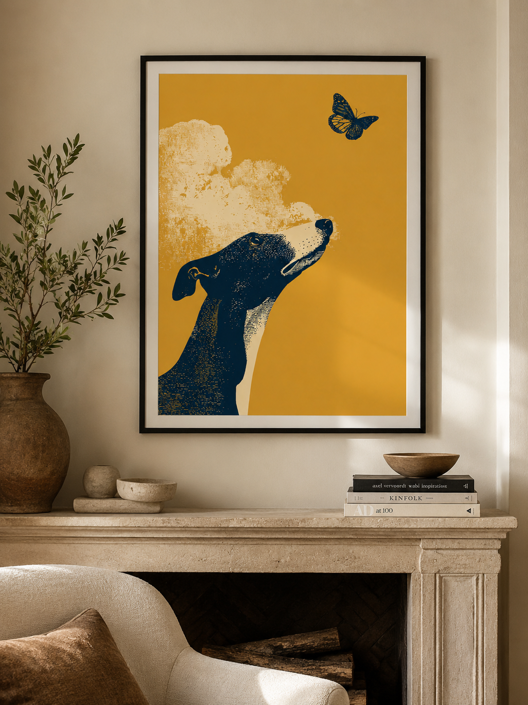 Mustard Greyhound Wall Art - Wall Art Decor - lifestyle shot - mustard greyhound wall art, greyhound art print