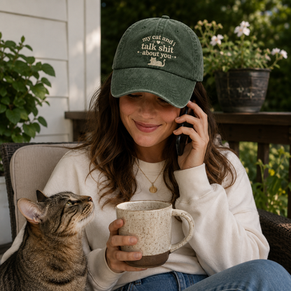 My Cat Talks Shit Embroidered Washed Cap - Washed Cap - detail
