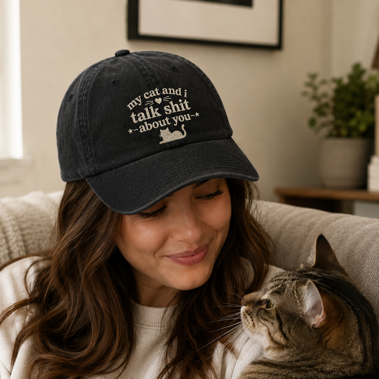 My Cat Talks Shit Embroidered Washed Cap - Washed Cap - side view