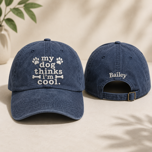 My Dog Thinks I'm Cool Embroidered Washed Cap - Washed Cap - front view