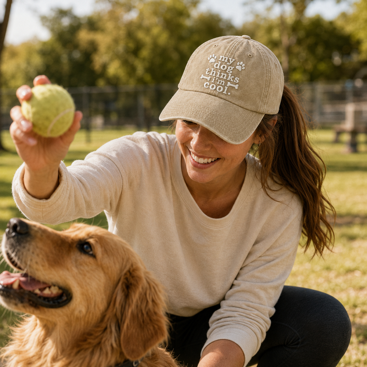My Dog Thinks I'm Cool Embroidered Washed Cap - Washed Cap - side view