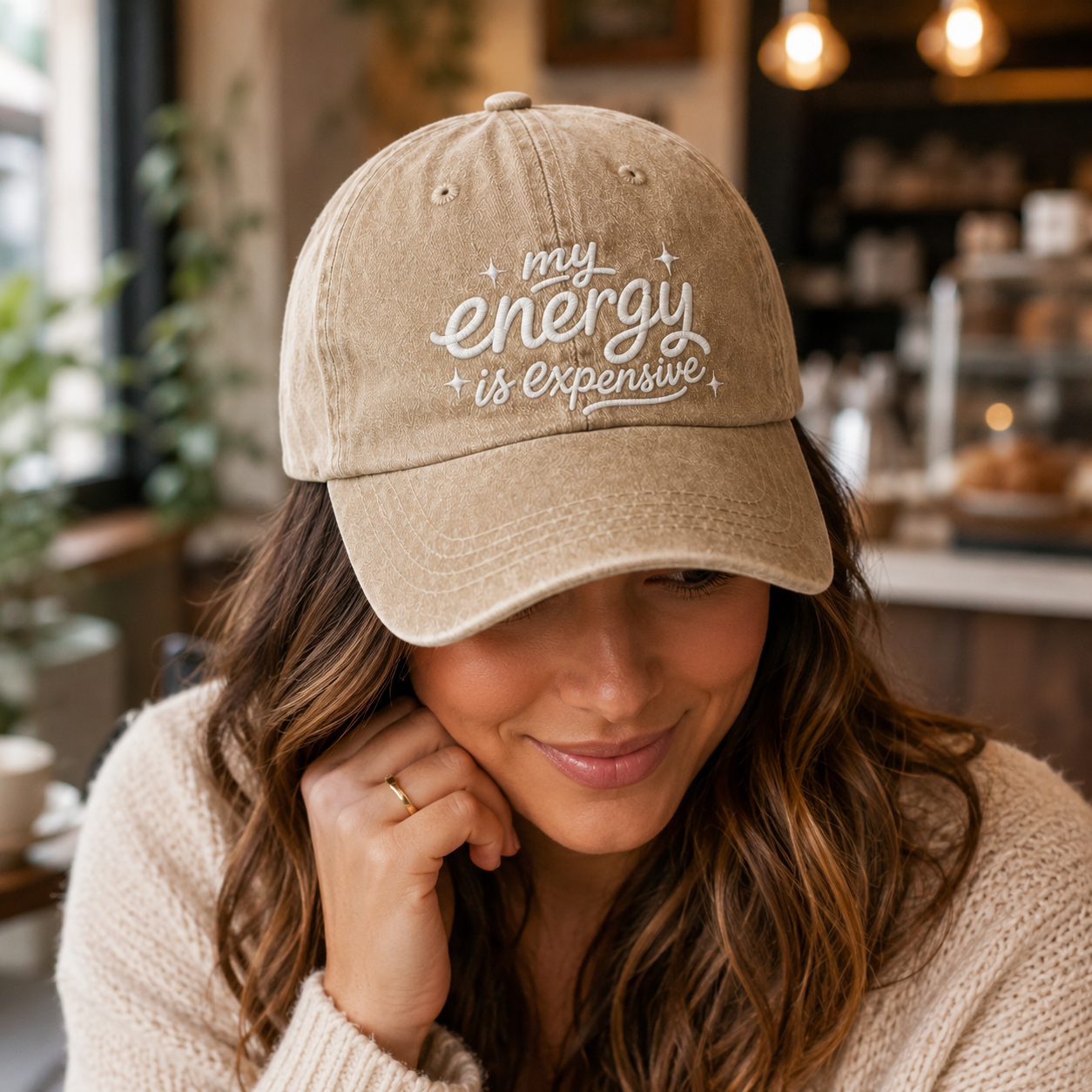 My Energy Is Expensive Embroidered Washed Cap - Washed Cap - side view
