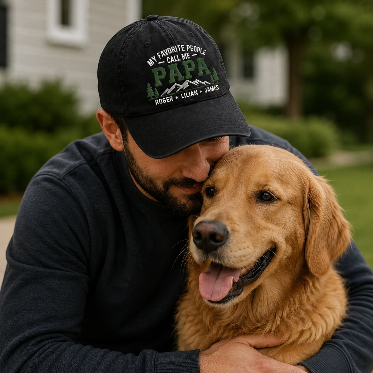 Man wearing a cap with text hugging a golden dog outdoors.