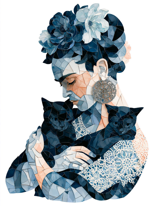 Kvinna med Svarta Katter Konsttryck - Wall Art Decor - front view - navy floral woman art print, blue woman wall art