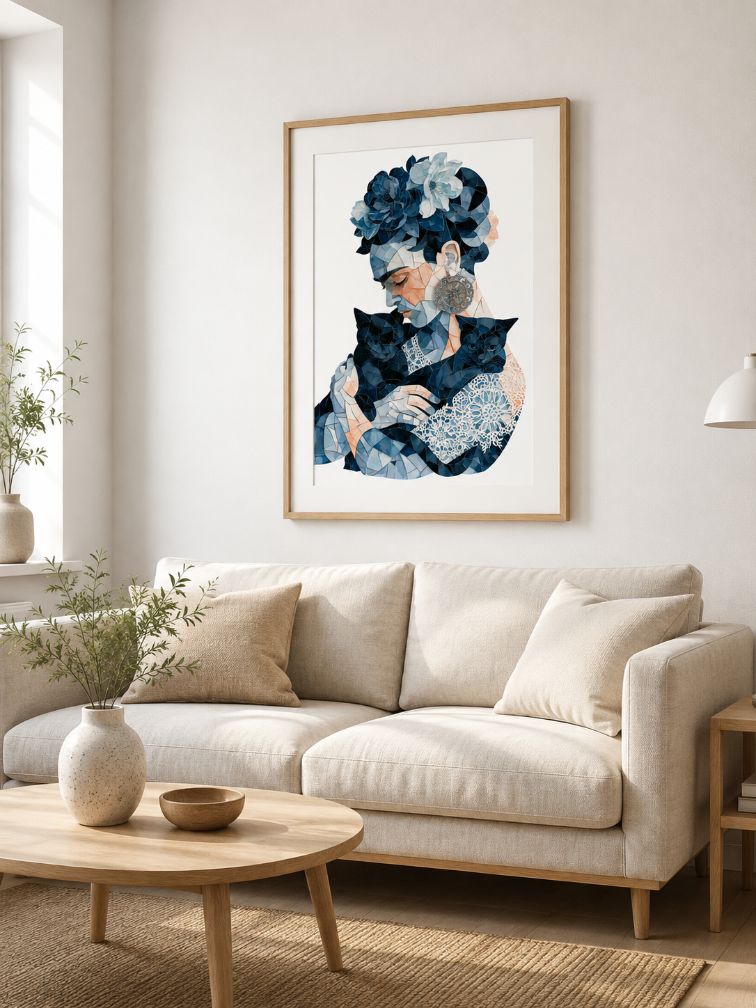 Granatowy Geometryczny Plakat - Wall Art Decor - detail view - navy floral woman art print, blue woman wall art
