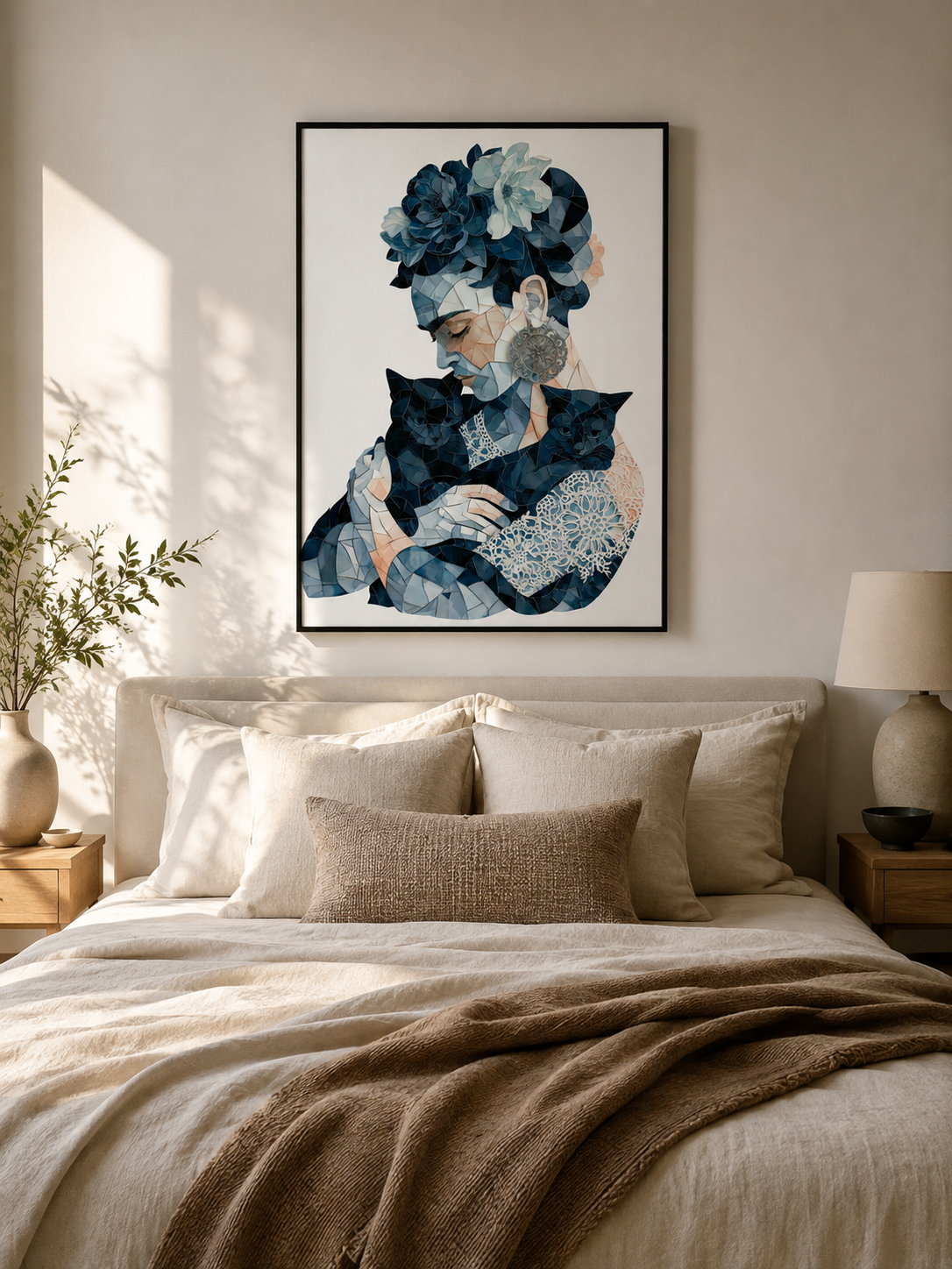 Granatowy Geometryczny Plakat - Wall Art Decor - lifestyle shot - navy floral woman art print, blue woman wall art