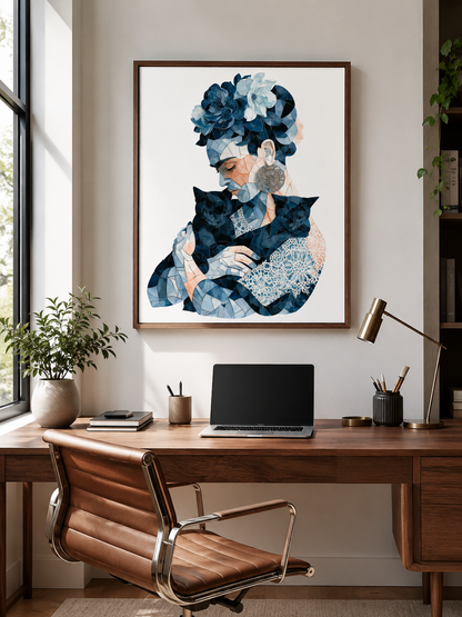 Granatowy Geometryczny Plakat - Wall Art Decor - close-up - navy floral woman art print, blue woman wall art